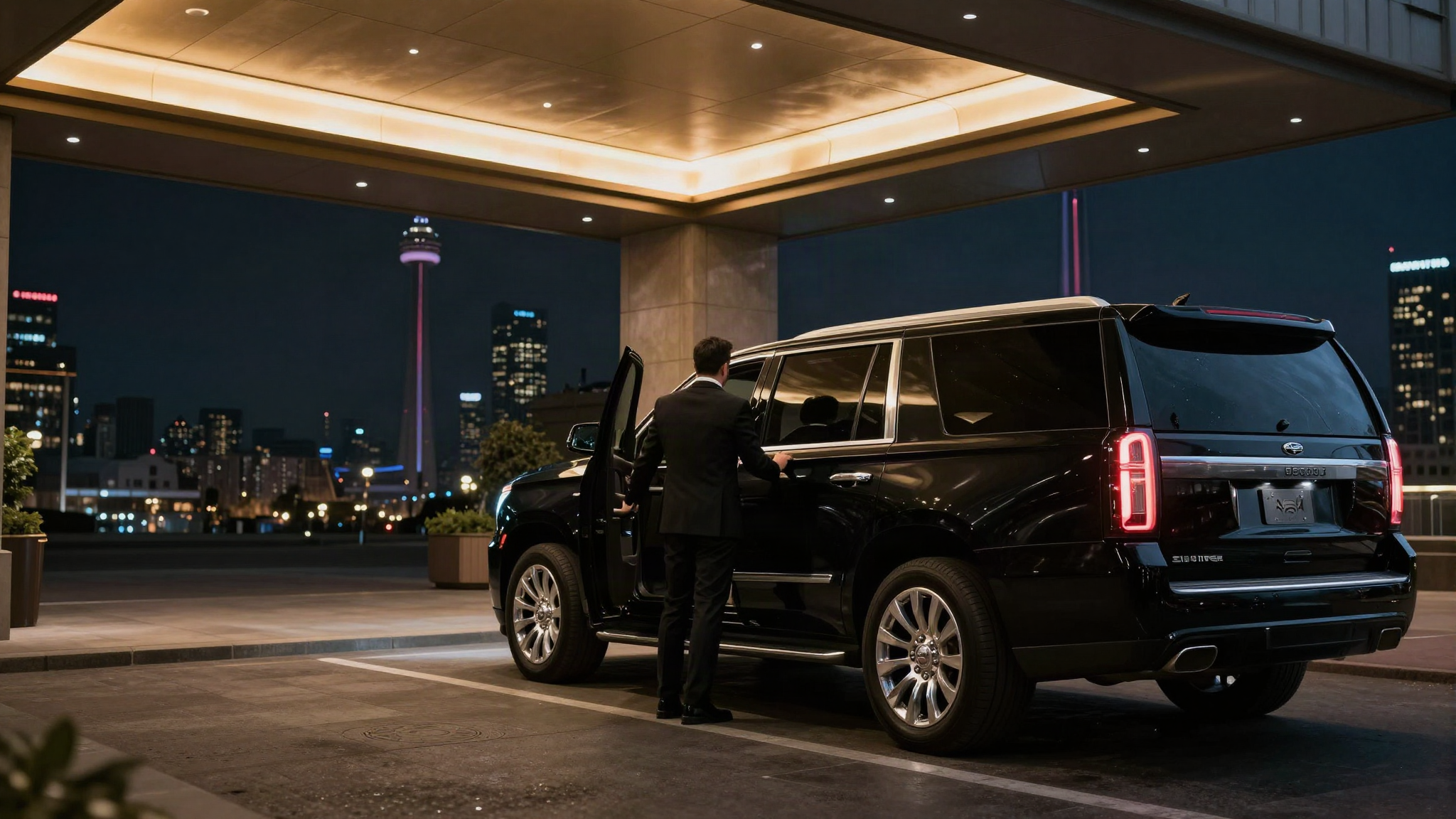 Chauffeur opening a black Chevrolet Suburban with the Toronto skyline behind him