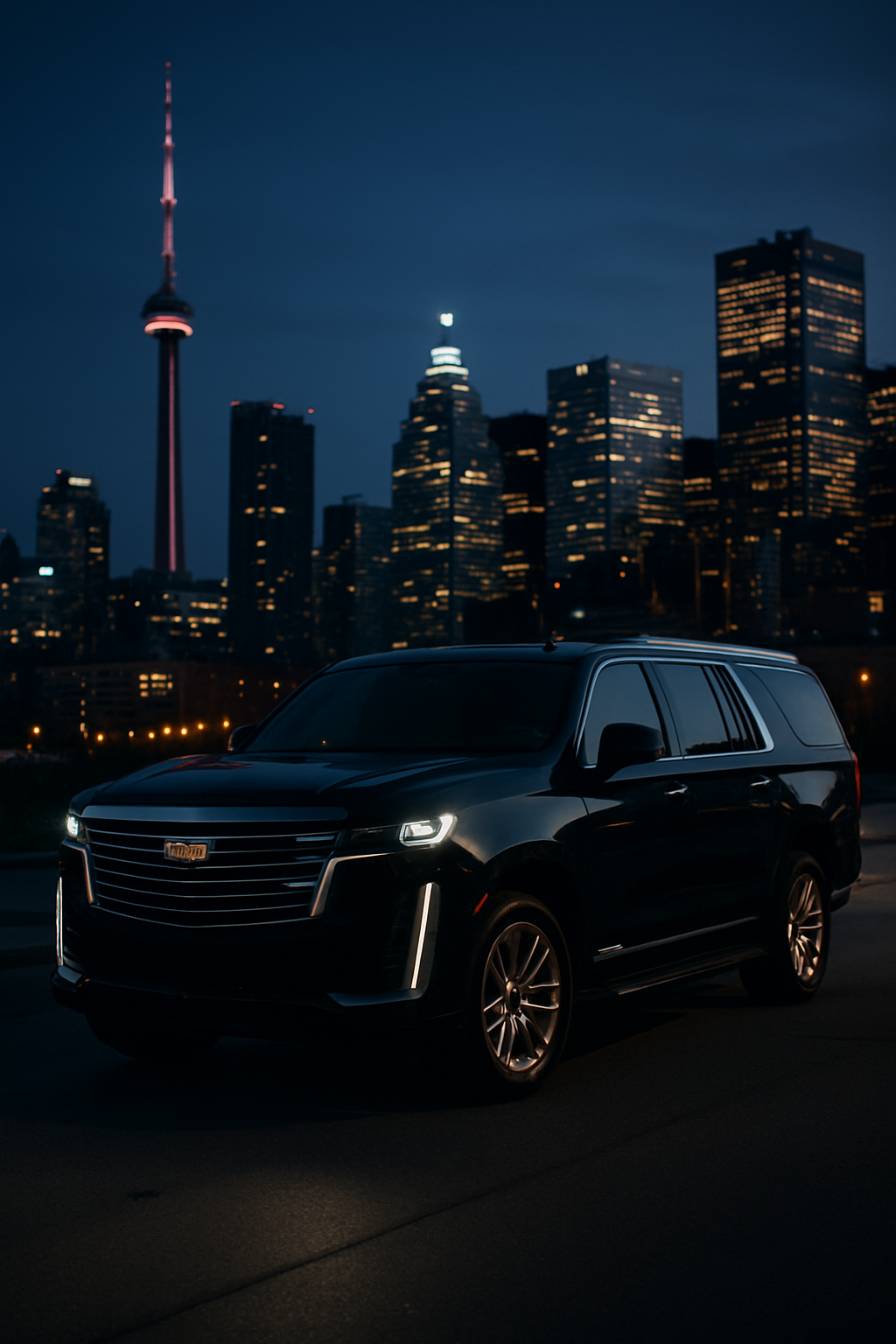 Executive SUV in skyline at dusk