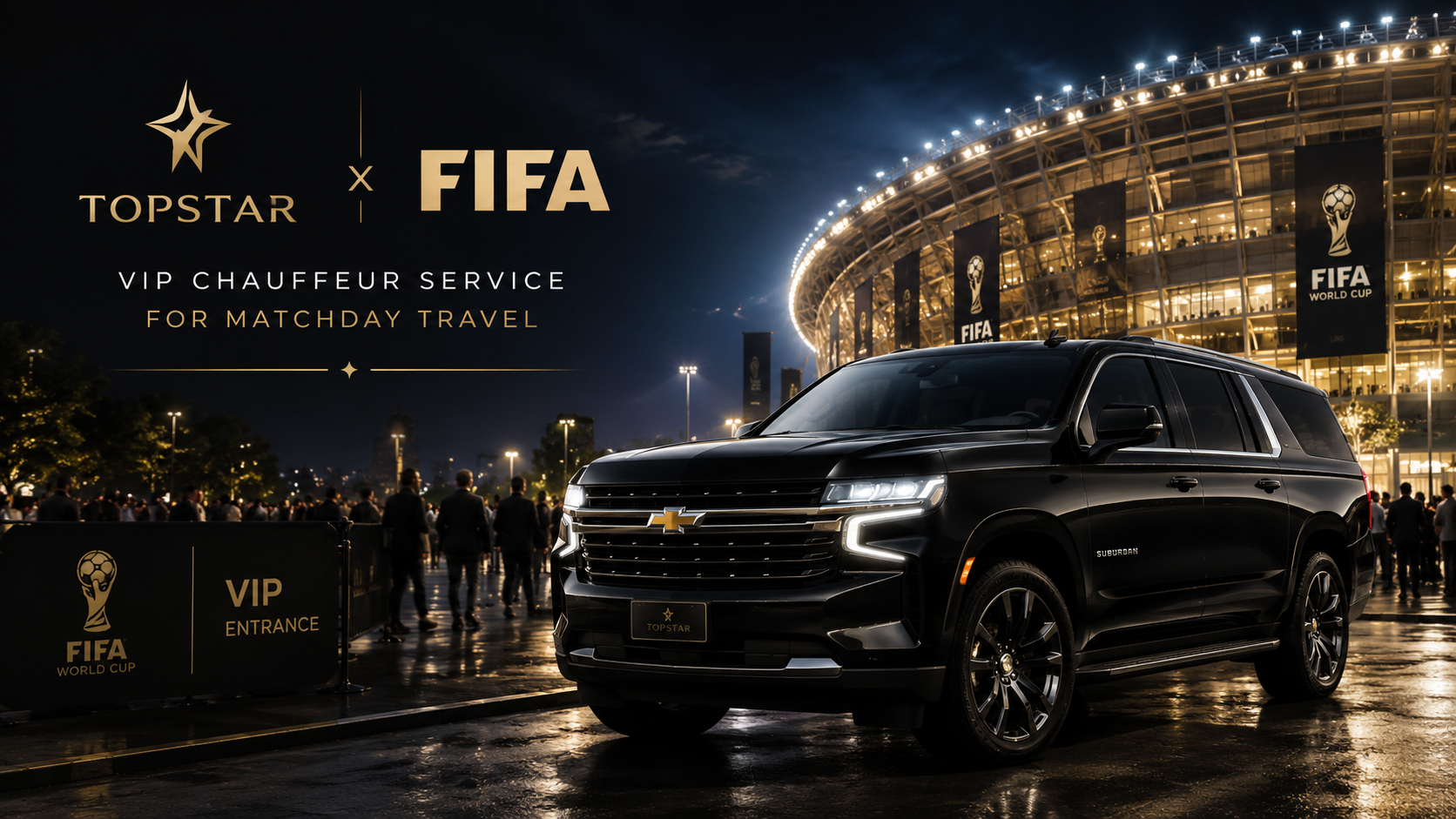TopStar black SUV outside a Toronto stadium for FIFA World Cup match-day chauffeur service