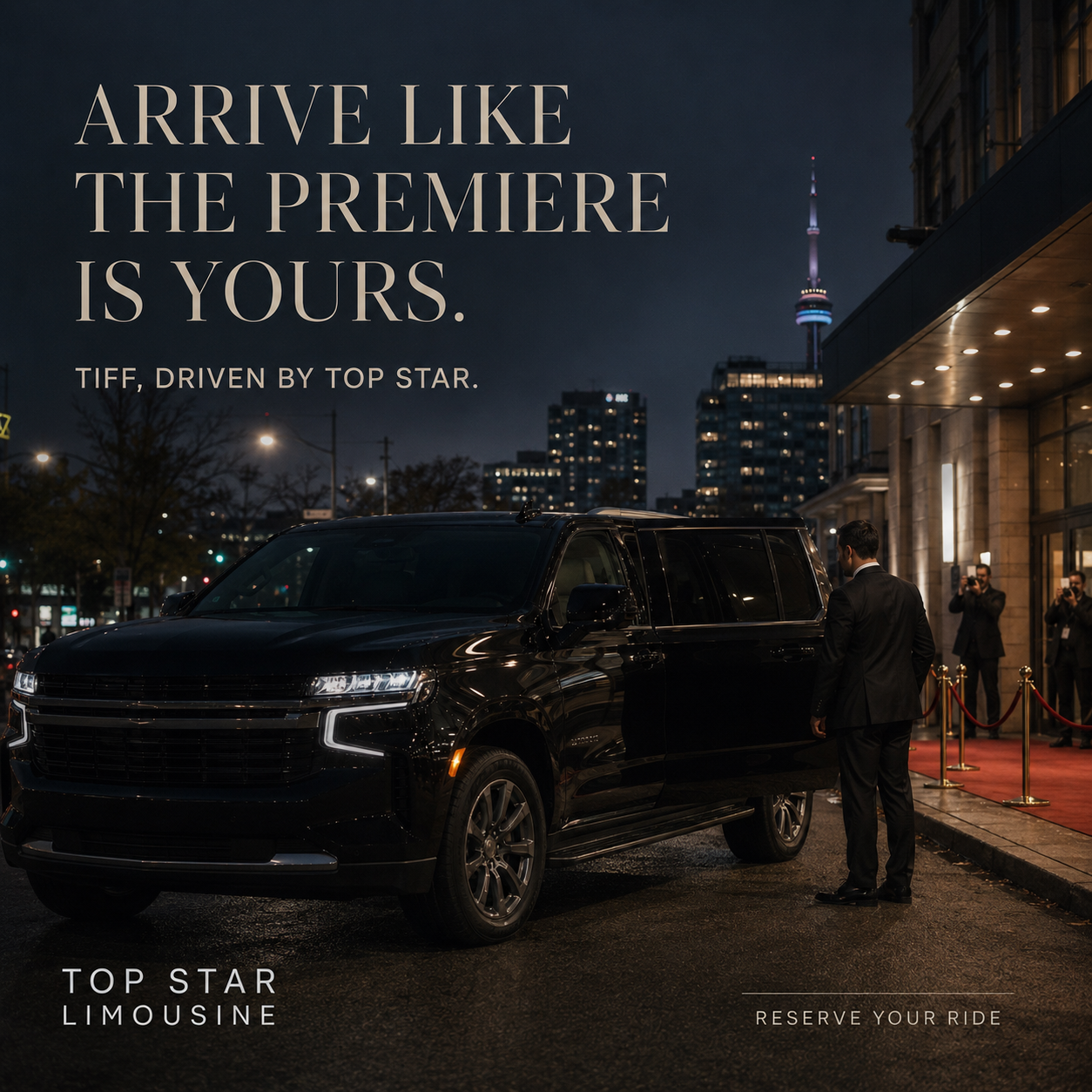 Black TopStar limousine arriving at a Toronto premiere-style entrance during TIFF